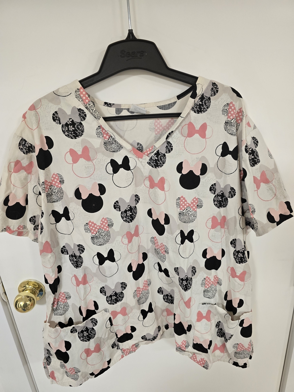 Disney White V-Neck Scrub Tee with Pink & Black Minnie Mouse Prints